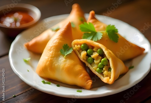 A Traditional Indian Samosa, Deep-fried Pastry Filled With Spiced Potatoes And Peas, Served With Tamarind Chutney
