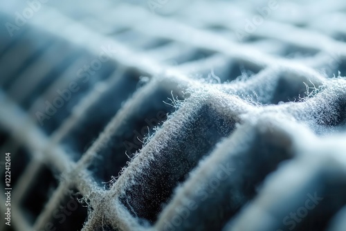 Close-up of an air filter clogged with dust particles, showcasing advancements in air quality control technology and modern solutions.