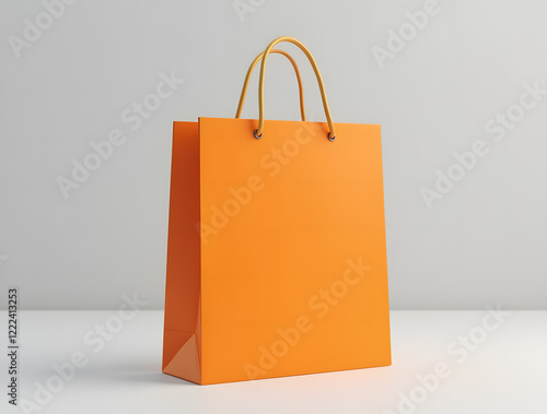 Bright orange shopping bag with gold handles on light grey background is a versatile template for showcasing branding or product design. Stylish and minimalistic look.