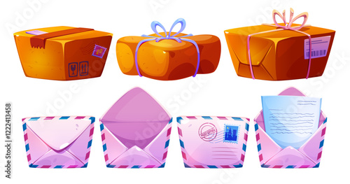 Cartoon postal set with brown parcel boxes tied by rope and tape, caution signs, barcodes and pink mail envelopes with blue red borders, postage stamps, post office seal. Vector delivery icons.