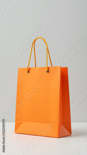 Bright orange shopping bag with gold handles on light grey background is a versatile template for showcasing branding or product design. Stylish and minimalistic look.