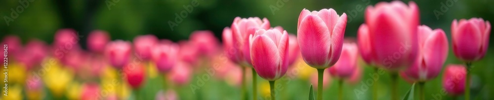 Pink tulips in a garden with greenery and flowers, nature, gardening Pink tulips in a garden with greenery and flowers, nature, gardening