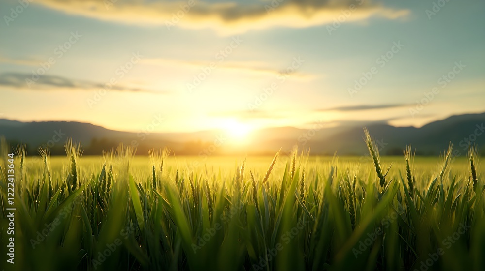 Fototapeta premium Sunlit Green Rice Field Under Golden Sky at Sunset Moment