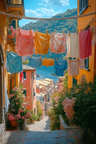 Fototapeta Naklejka Na Ścianę i Meble -  Laundry hanging between colorful houses in picturesque italian village