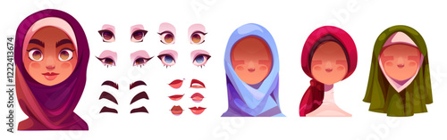 Arabian woman face constructor with colorful hijab variations. Set of expressive eyes, brows, lips elements for young islamic female cartoon avatar creation. Muslim character building components.