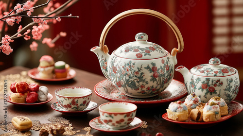 Wallpaper Mural Chinese Porcelain Tea Set with Cherry Blossoms and Festive Pastries Torontodigital.ca