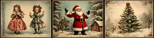 Collection set of vintage antique style Christmas and holiday greeting cards Santa Claus ephemera girls and Christmas tree illustration