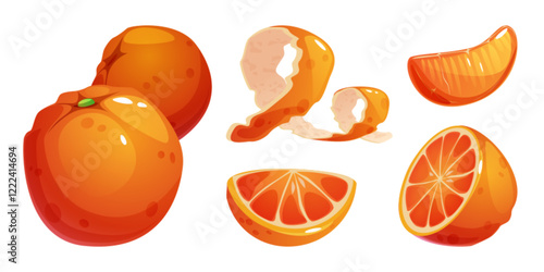 Orange set with peeled citrus elements - fresh whole fruit, bright segments, juicy slices, half with segments pattern, spiral twisted peel separated from pulp. Citrus for food packaging design.