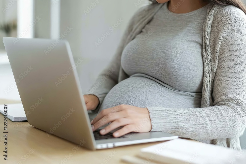 Naklejka premium Pregnant woman working on laptop.