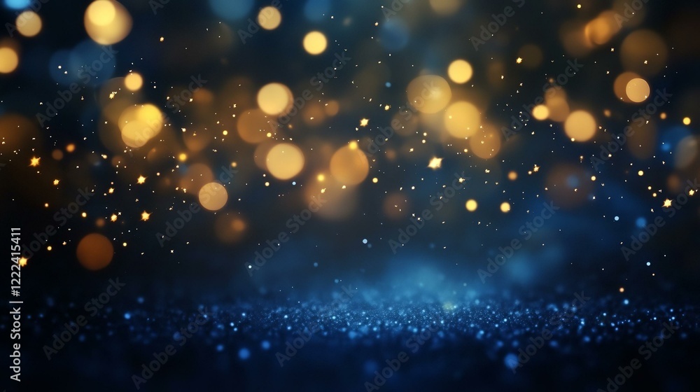 Abstract blurred bokeh lights on dark blue background - festive Christmas and new year holiday template with glittering defocused stars and sparkling effects Abstract blurred bokeh lights on dark blue background - festive Christmas and new year holiday template with glittering defocused stars and sparkling effects