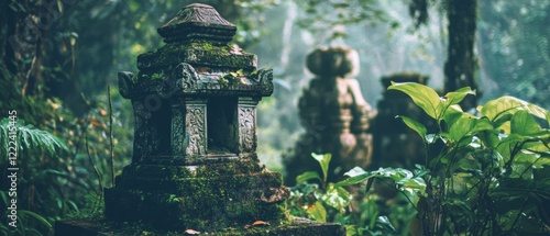 Moss-covered stone structures in a misty forest create a mystical, ancient ambiance, whispering tales of past civilizations. photo