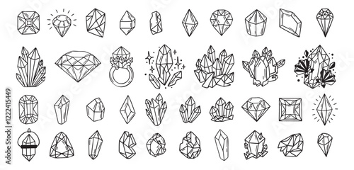 Mystical crystals or diamonds isolated clipart bundle set. Magic crystals hand drawn, crystals doodle, line gem stones isolated items on white esoteric