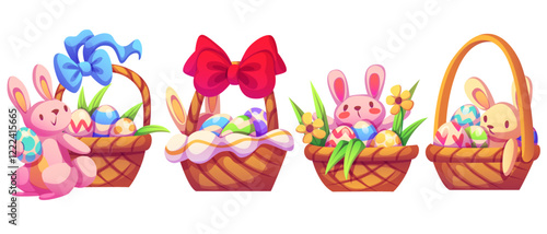 Easter baskets with eggs and cute bunnies set isolated on white. Vector cartoon illustration of nice wicker boxes decorated with color ribbons, sweets and flowers, funny animals, holiday card design