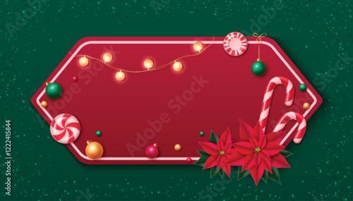 Christmas banner background. Vector realistic illustration of blank red frame decorated with candy canes, poinsettia flower, xmas garland lights and balls, holiday greeting card, party invitation