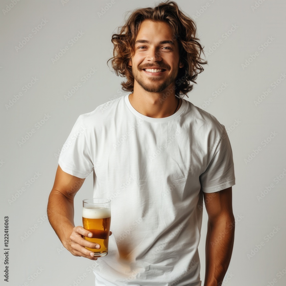 Caucasian young man in white short sleeve t-shirt with beer glass in hand standing near white wall. Men's casual crewneck shirt mock up. Party, birthday man shirt mock up, blank template Caucasian young man in white short sleeve t-shirt with beer glass in hand standing near white wall. Men's casual crewneck shirt mock up. Party, birthday man shirt mock up, blank template