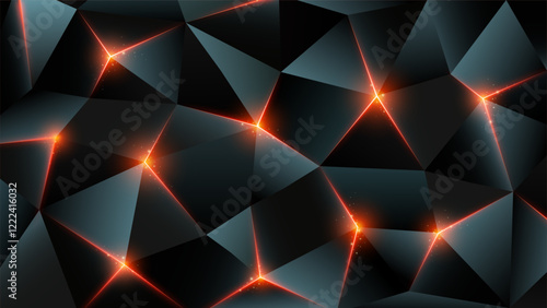 Dark low poly background. Abstract geometric metal backdrop, triangle. Concept of danger, lava, burning coals. Sparkling light, shining edges. Gray cyan triangles background. Polygonal design. Vector