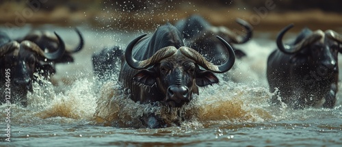 Powerful water buffalo charge through splashing water, displaying dynamic force and unity in the wild under harsh lighting.