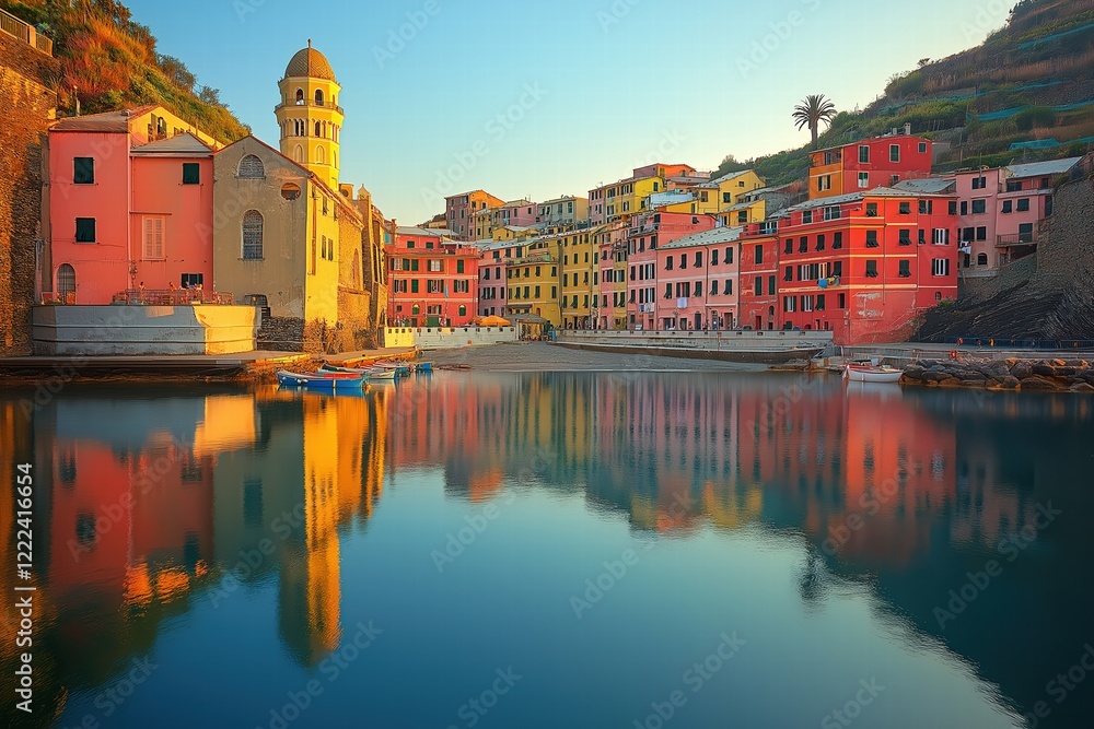 Naklejka premium Vibrant coastal village reflecting in tranquil waters
