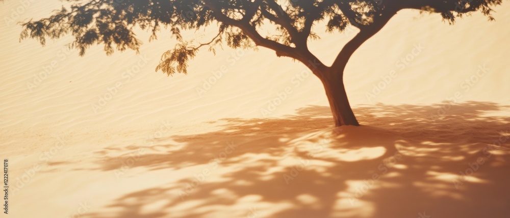 A lone tree stands resilient in the sun-drenched desert, casting a gentle shadow on the smooth, golden dunes. A lone tree stands resilient in the sun-drenched desert, casting a gentle shadow on the smooth, golden dunes.