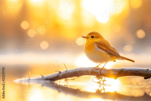 A single bird perched on a tree branch at dawn, singing into the quietness of a still morning photo