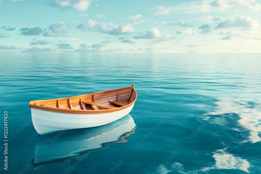 Naklejka premium A single boat floating in the middle of a vast, calm ocean, with no land in sight and the horizon blending seamlessly into the sky