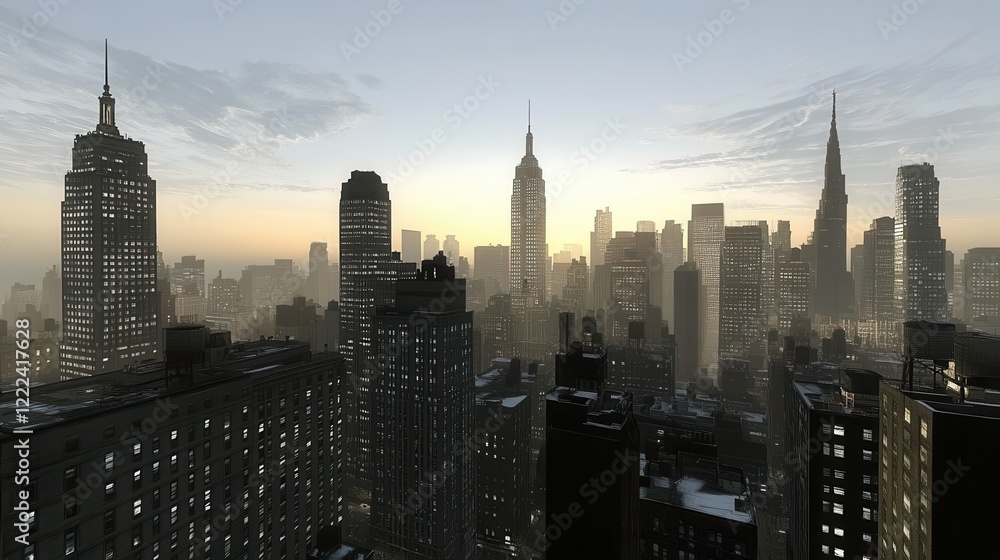 Fototapeta premium Cityscape at Dawn Skyscrapers Illuminate the Morning Sky