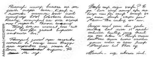 unreadable handwriting template, paragraphs and sentences. Doodle hand drawn of unreadable text on a white background.