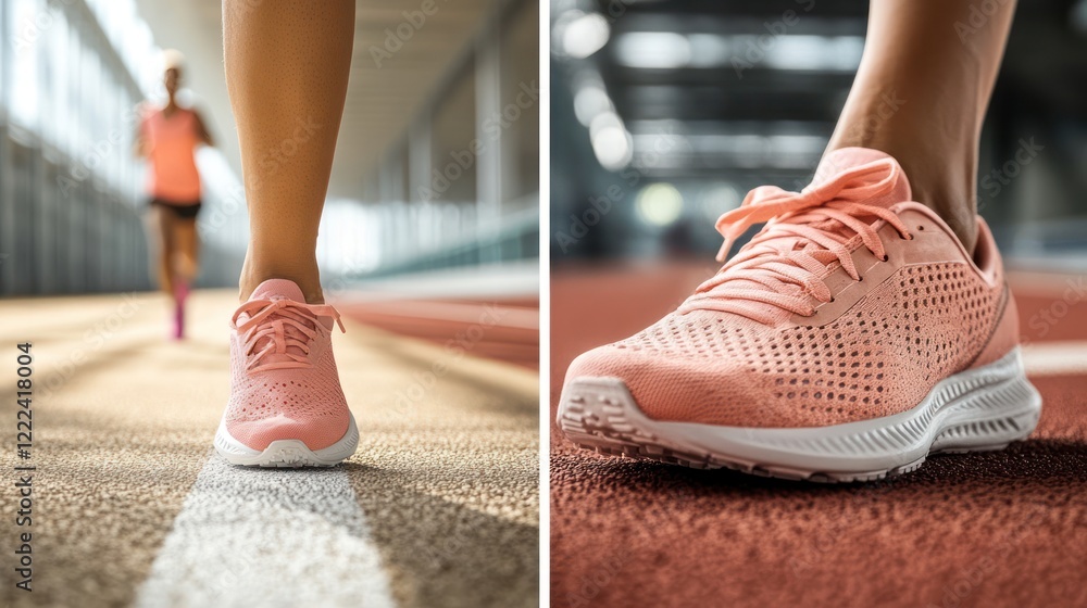 clad in vibrant pink sneakers, mid-stride on a polished, brightly lit indoor track. clad in vibrant pink sneakers, mid-stride on a polished, brightly lit indoor track.