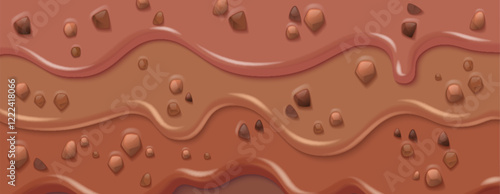 Chocolate drips with candy chunks - realistic smooth flowing streams of melted cocoa, caramel waves and scattered sweet pieces on brown background for confectionery packaging design or banner layout.