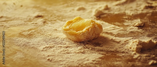 A solitary dough piece on a floured surface tells a humble story of preparation and potential.