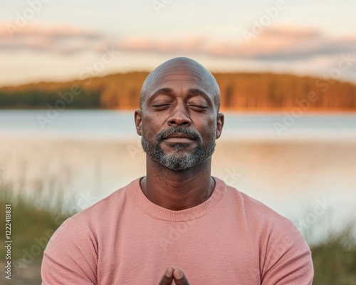 Modern Serenity Middle-Aged Black Man Meditating by Sunset Lake - Visual Content for Mindfulness Campaigns and Personal Growth Retreats photo