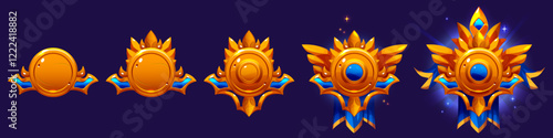 Game rank badges set isolated on background. Vector cartoon illustration of round golden medals decorated with blue gemstones and ribbons, glowing level progress symbol, military insignia, winner