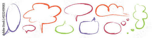 Crayon speech frames set isolated on white background. Vector cartoon illustration of color text clouds, hand drawn doodle borders for message, thought, idea or question, dialogue text boxes, line art