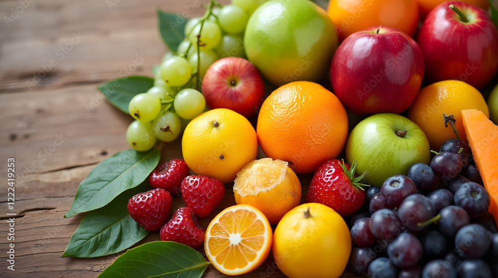 Assorted fresh fruits on wooden background for healthy eating. Assorted fresh fruits on wooden background for healthy eating.