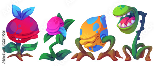 Monster plants set isolated on white background. Vector cartoon illustration of giant alien flower with open toothy mouth and tongue, scary fairytale garden creatures, biting predator in magic forest