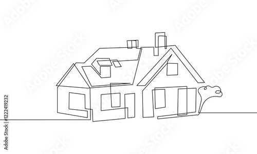 House One Line Continuous. Line Art Home. Country Building Hand Drawn Vector Art, Continuous One Line Drawing. Outline Drawing of Simple House for Minimalist Design Isolated on White Background. 