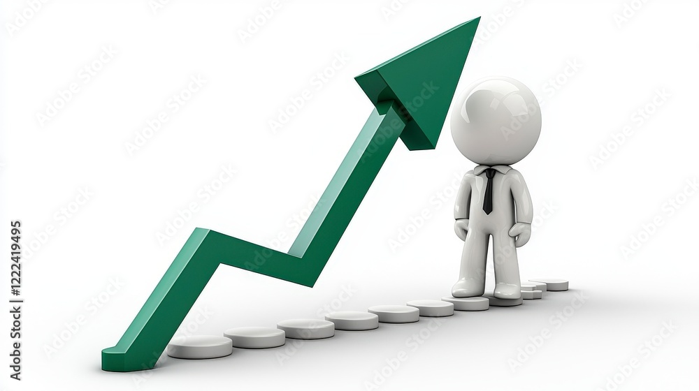 A business character stands beside a rising graph formed by a green arrow, capturing the essence of financial growth, success, and strategic planning in modern business environments. A business character stands beside a rising graph formed by a green arrow, capturing the essence of financial growth, success, and strategic planning in modern business environments.