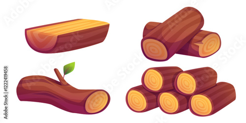 Firewood piles set isolated on white background. Vector cartoon illustration of wood logs, pieces of cut trunk and branches for campfire, timber with bark, natural construction or carpentry material