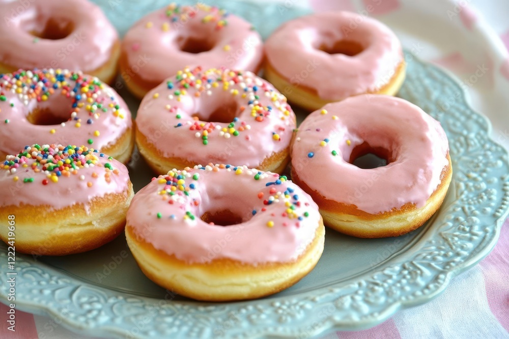 artisanal donuts with glossy pink icing and rainbow sprinkles arranged on powder blue vintage ceramic plate artisanal donuts with glossy pink icing and rainbow sprinkles arranged on powder blue vintage ceramic plate