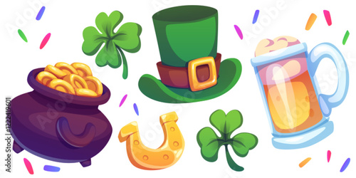 Saint Patricks Day symbols set isolated on white background. Vector cartoon illustration of green leprechaun hat, golden horseshoe, coins in cauldron, glass of foamy beer, clover leaves and confetti