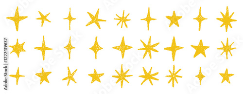 gold chalk crayon doodle stars set. Shine and sparkle hand drawn drawing collection. Children style yellow wax pencil elements. Grunge texture star shapes.