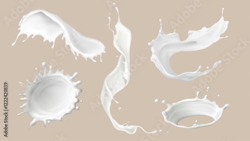 Milk splash collection with dynamic fluid shapes - white liquid drops, circular splatter, swirling stream, curved wave elements. Realistic dairy product motion design for packaging and advertising.