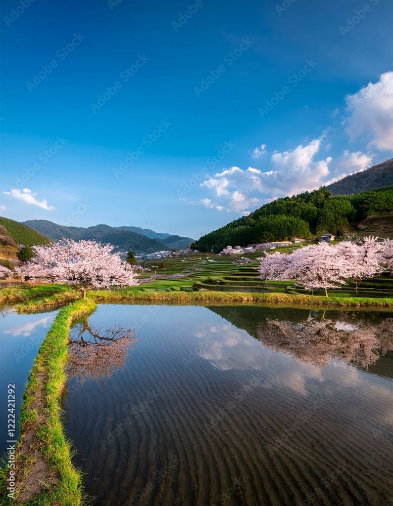 Fototapeta premium 春の棚田、桜の木々が水面に映る山岳地帯の風景 