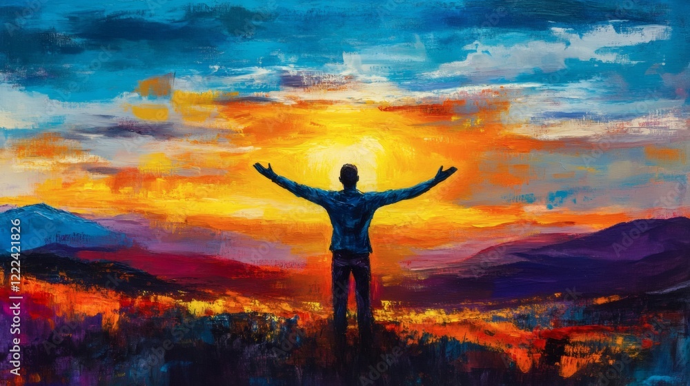 Man Welcoming the Sunrise Over Majestic Mountains - Inspirational Painting Man Welcoming the Sunrise Over Majestic Mountains - Inspirational Painting