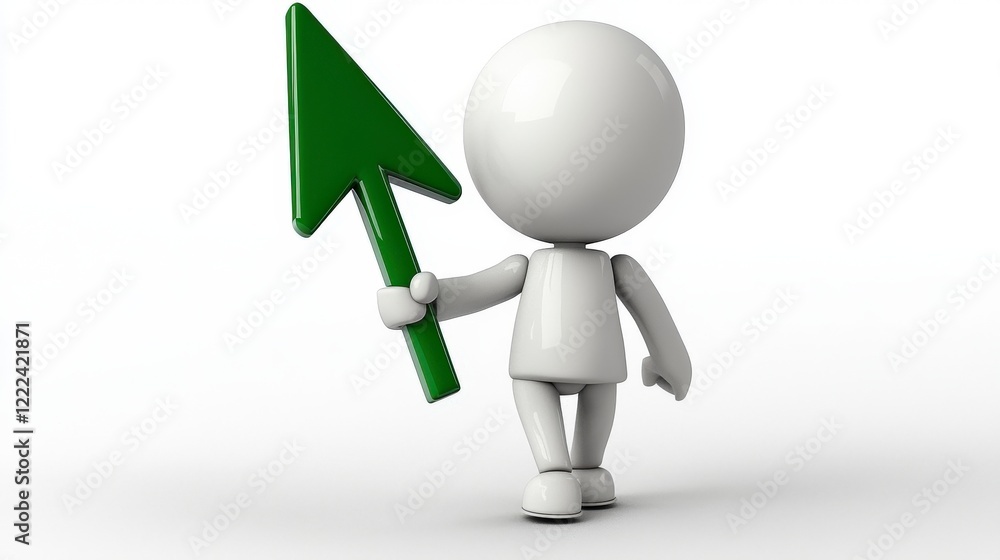 A 3D figure confidently holds a green arrow, illustrating the idea of upward movement and growth, capturing themes of ambition, success, and personal achievement in a modern design. A 3D figure confidently holds a green arrow, illustrating the idea of upward movement and growth, capturing themes of ambition, success, and personal achievement in a modern design.