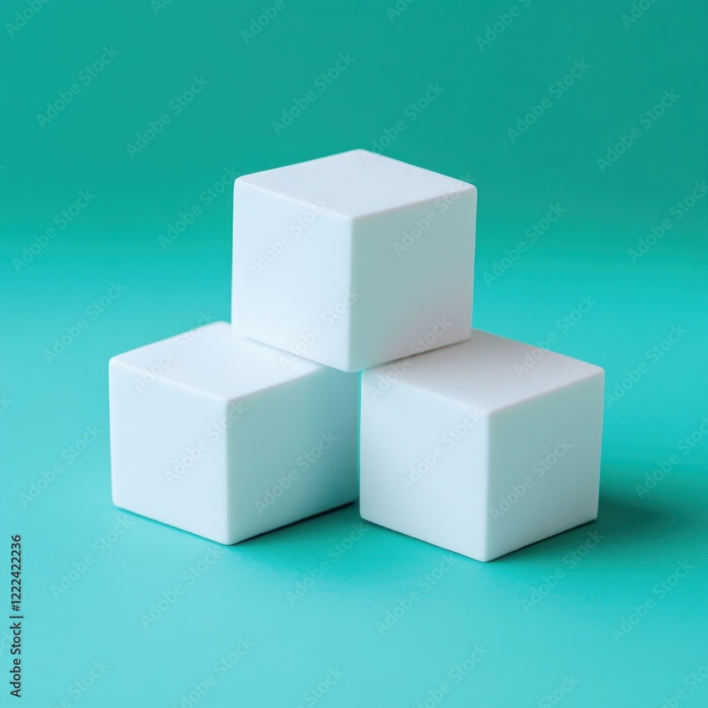 Three white cubes on teal background, product display (2) Three white cubes on teal background, product display (2)