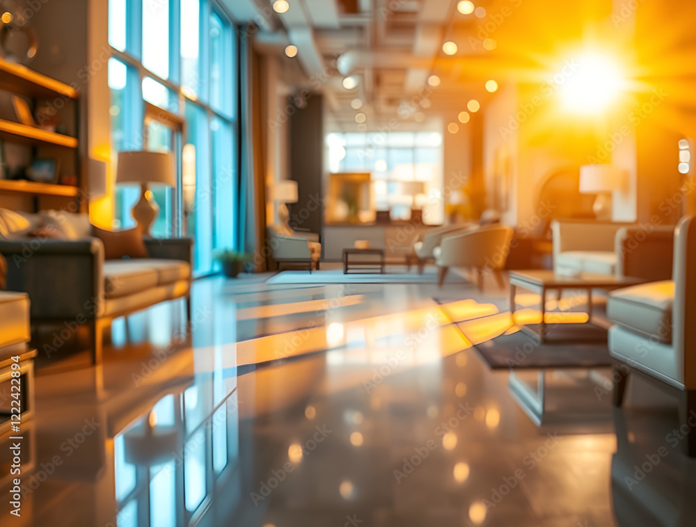 A designer furniture showroom floor glows in warm, golden light, creating a radiant and luxurious atmosphere. A designer furniture showroom floor glows in warm, golden light, creating a radiant and luxurious atmosphere.