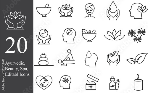 Ayurvedic, Spa, Beauty Editable Icons. Vector, illustrator.