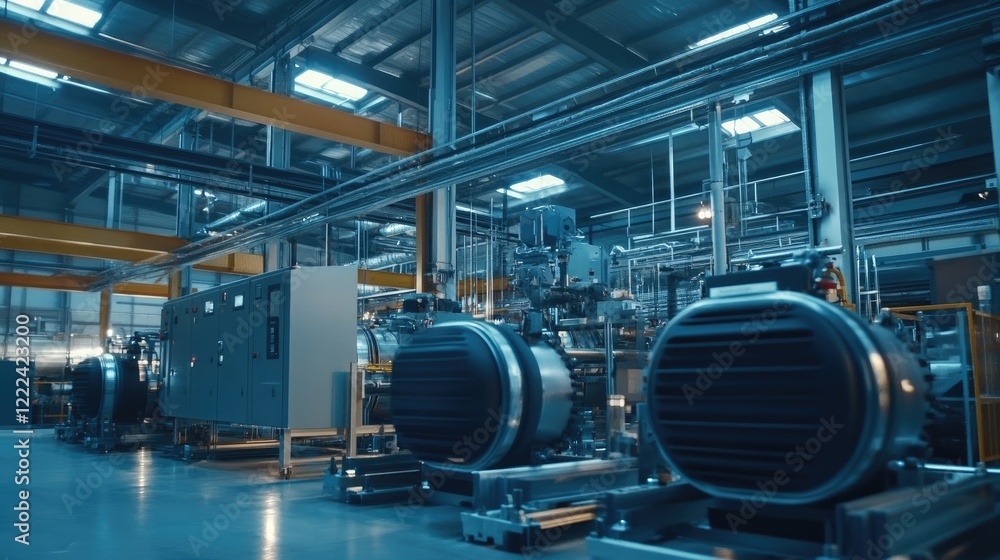 A large industrial air compressor system operating in a modern manufacturing facility, showcasing powerful equipment in a factory production setting. A large industrial air compressor system operating in a modern manufacturing facility, showcasing powerful equipment in a factory production setting.
