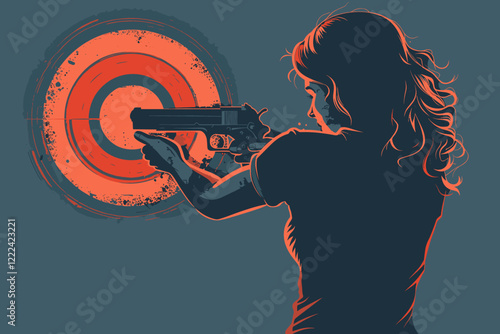 Focused Woman Aiming Gun at Target Against Dark Background